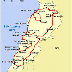 Mapa naší cesty po Libanonu
