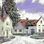 Horní jelčany - náves s kaplí na obraze od Františka Šplíchala (kresba 30. léta 20. století)