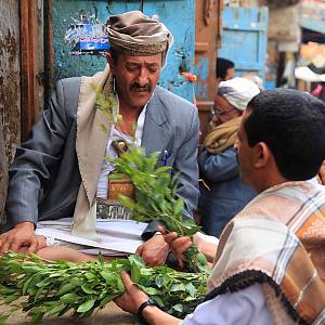Prodej kátu na trhu v Sanaá.