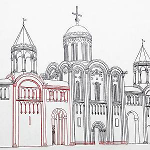 Bogoljubovo (Боголюбово) - rekonstrukce rezidence Andreje Bogoljubského s chrámem Nartození P. Marie, červeně vyznačené jsou dochované části