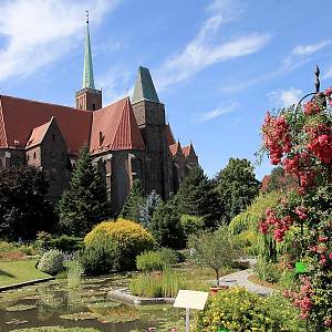 Vratislav - Dómský ostrov, pohled na kostel sv. Kříže a sv. Bartoloměje z botanické zahrady