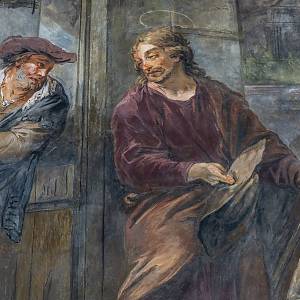 Křesoborský klášter, kostel sv. Josefa, vlevo Michael Leopold Willmann coby krčmář