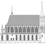 Kolín - chrám sv. Bartoloměje, rekonstrukce hypotetické podoby v případě dokončení přestavby Petrem Parléřem (L. Beránková, NPÚ)