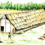 Velim - archeologické nálezy, rekonstrukce tzv. dlouhého domu (kresba A. Sosnová)