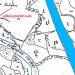 Předhradí - hrad Oldříš, nákres situace zaniklého hradu po regulaci Labe v roce 1819.