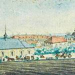 Kolín - výřez z obrazu z let 1845-80, v popředí kostel sv. Jana Křtitele, kostel Všech svatých v pozadí