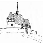 Hradešín - kostel sv. Jiří v 15. století (kresba Vl. Rišlink)