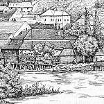 Týnec nad Labem - Podměstský mlýn na litografii z roku 1876