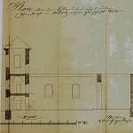 Ohaře - nákres původního kostela sv. Jana Nepomuckého (1844, Florián Müller, SOkA Kolín)