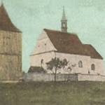 Rasochy - pohled na kostel se zaniklou zvonicí (1929, výřez z dobového pohledu)