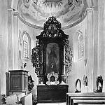 Stříbrná Skalice-Rovná - kostel sv. Jakuba, pohled do presbytáře kostela před odkrytím románských maleb (Antonín Podlaha, Soupis památek historických 1907)