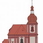 Poříčany - kostel Narození Pannny Marie, návrh obnovy fasády, pohled od východu (2014, Ing. arch. Tomáš Hladík)