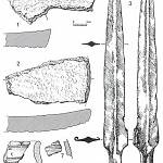 Na obrázku je výběr nálezů z Pyskočel, 1,2 - kámen, 3 - železo, 4 až 7 - keramika 