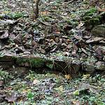 Toušice - tvrz, zbytek kontreskarpové zdi na vnitřní straně příkopu (12. 10. 2013)