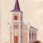 Škvorec - evangelický kostel, malba z obecní kroniky (1897, Franz Opitz)