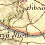 Kbel - výřez z mapy 1. josefského mapování s křížkem na křížovatce (© 1st Military Survey, Section No. xy, Austrian State Archive/Military Archive, Vienna)