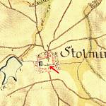 Štolmíř - můstek na mapě 1. vojenského mapování z let 1764–68 (© 1st Military Survey, Austrian Military Archive, Vienna)