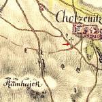 Chocenice - křížek na mapě I. vojenského mapování (© 1st Military Survey, Section No. 127, Austrian Military Archive, Vienna)