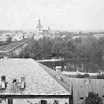 Kolín - zaniklý železný most, pohled ze strany města (cca 1920, SOkA Kolín)