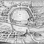 Kolín - plán města od Carla Cappiho s nejstarším vyobrazením dřevěného mostu (1640)