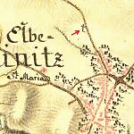 Týnec nad Labem - křížek ve Vodárenské ulici (I. vojenské josefské mapování z let 1764-68)